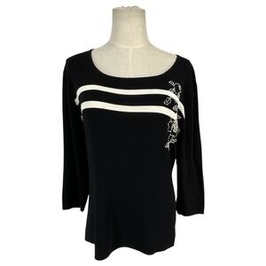 Bozaglo Women M Black Beaded Floral Sequin Knit Top 3/4 Sleeve Scoop Neck Luxury